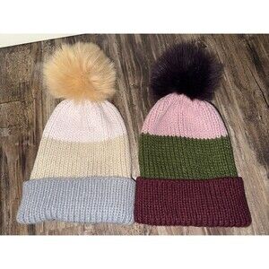 Anthropologie Norla Canada Handmade Soft Knit Beanie Hat X2 Pom Pom Hat Bundle